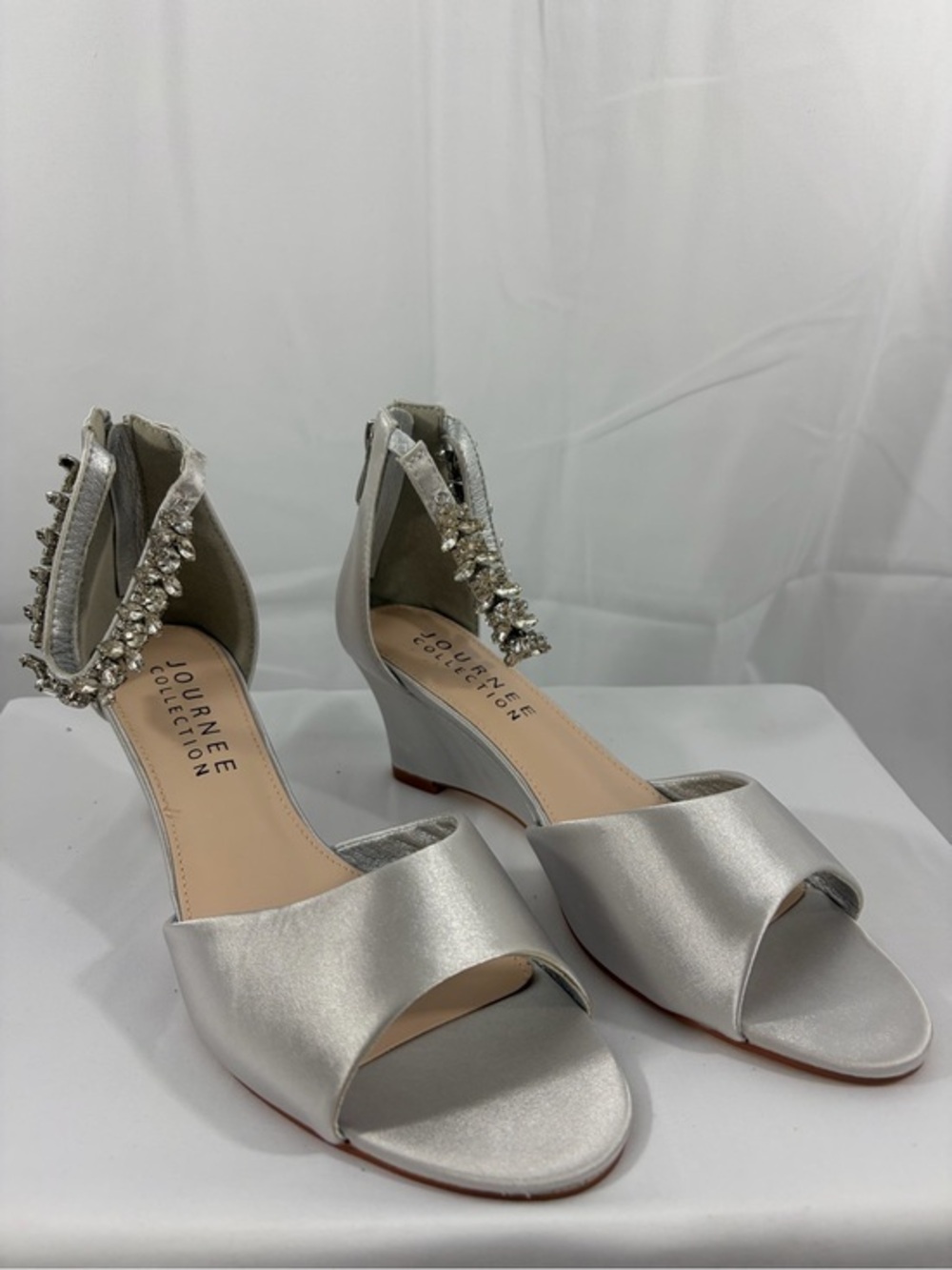 Journee Collection Silver Satin Wedge Heels with Crystal Ankle Straps